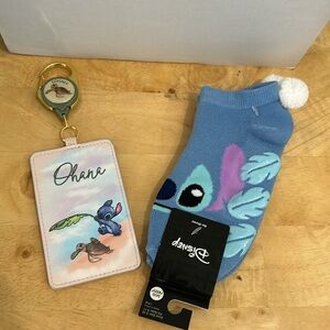 Disney Stitch Bundle: Retractable Stitch & Turtle Lanyard, Stitch Pom Pom Socks